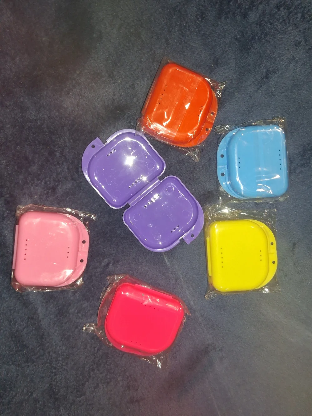 Lot of 6 Vented Plastic Retainer/Denture Cases, Assorted Colors, Ortho/Dental