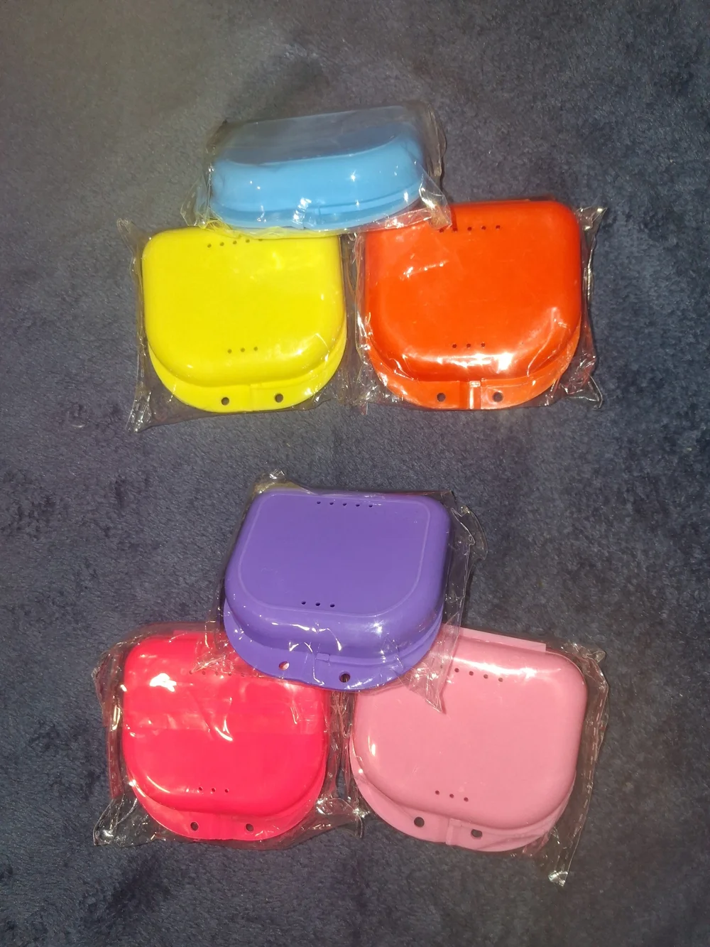 Lot of 6 Vented Plastic Retainer/Denture Cases, Assorted Colors, Ortho/Dental