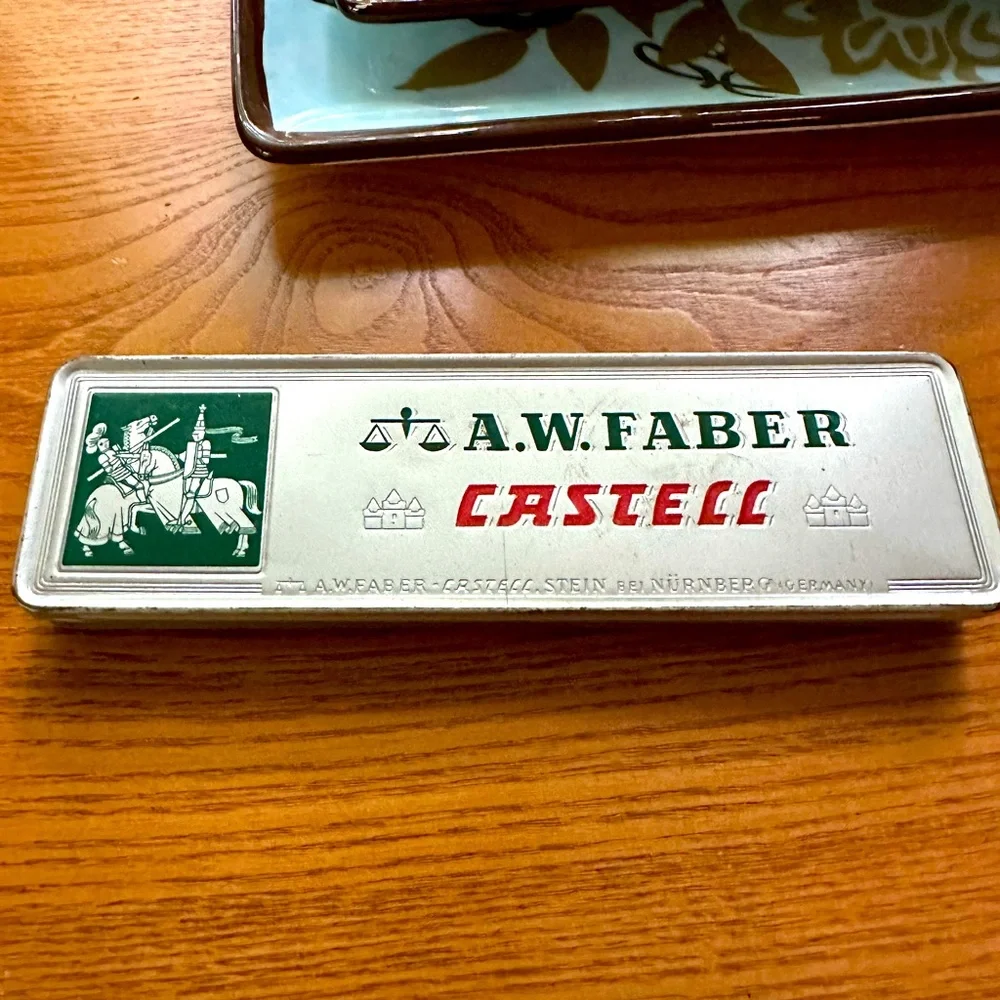 Vintage A.W. Faber CASTELL PENCIL TIN, Germany, Knights, Horses, Jousting GUC
