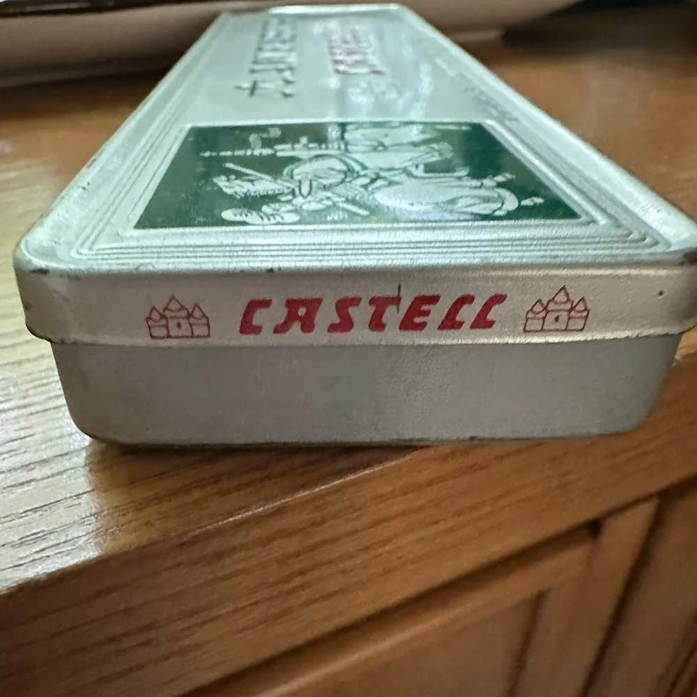 Vintage A.W. Faber CASTELL PENCIL TIN, Germany, Knights, Horses, Jousting GUC