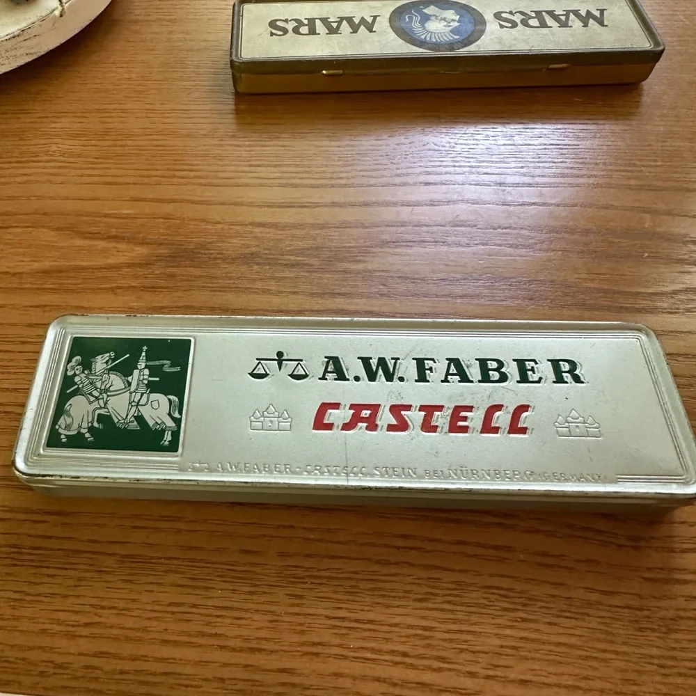 Vintage A.W. Faber CASTELL PENCIL TIN, Germany, Knights, Horses, Jousting GUC