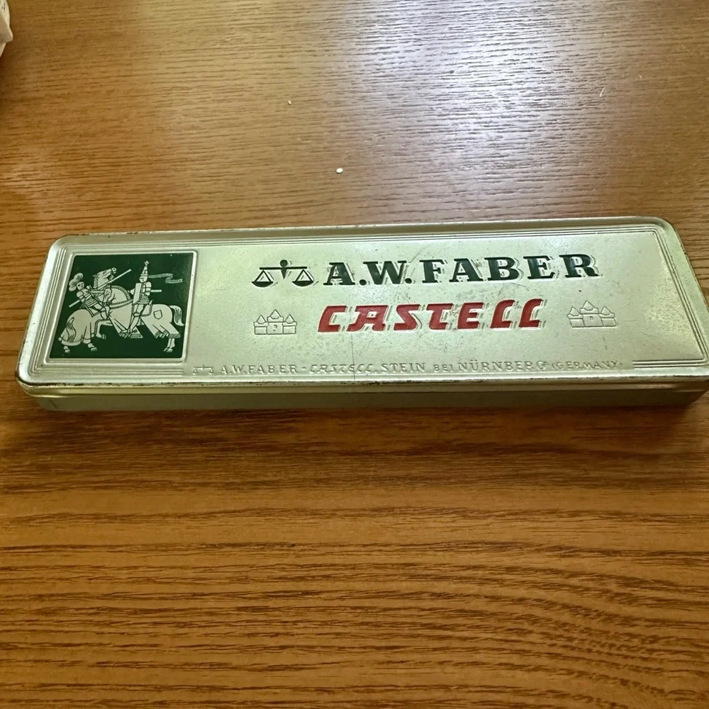 Vintage A.W. Faber CASTELL PENCIL TIN, Germany, Knights, Horses, Jousting GUC