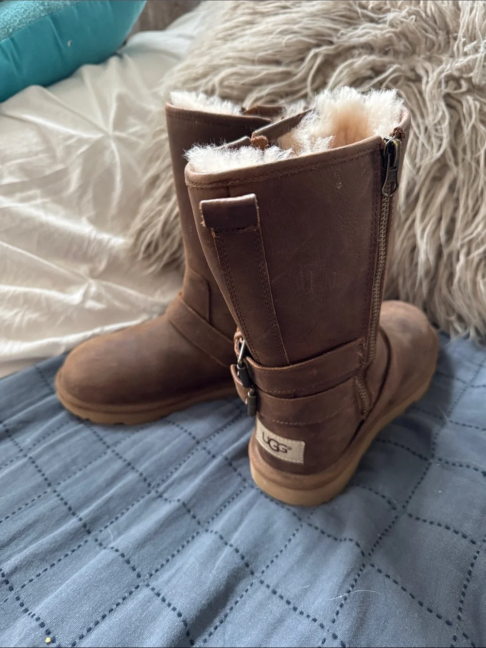 Kids UGG Brown Suede Shearling-Lined Mid-Calf Zip Boots