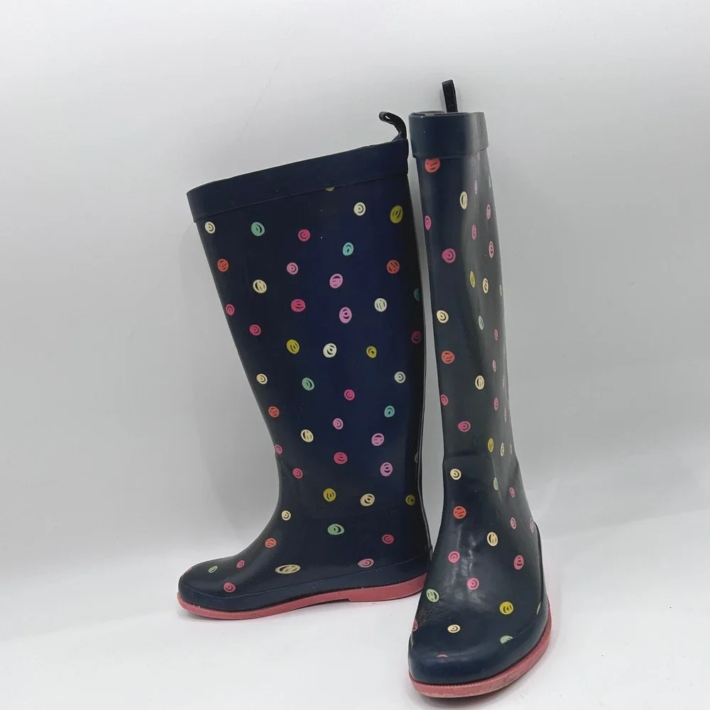 Navy Blue Smiley Face Polka Dot Rubber Rain Boots Pink Sole Kids Size 3