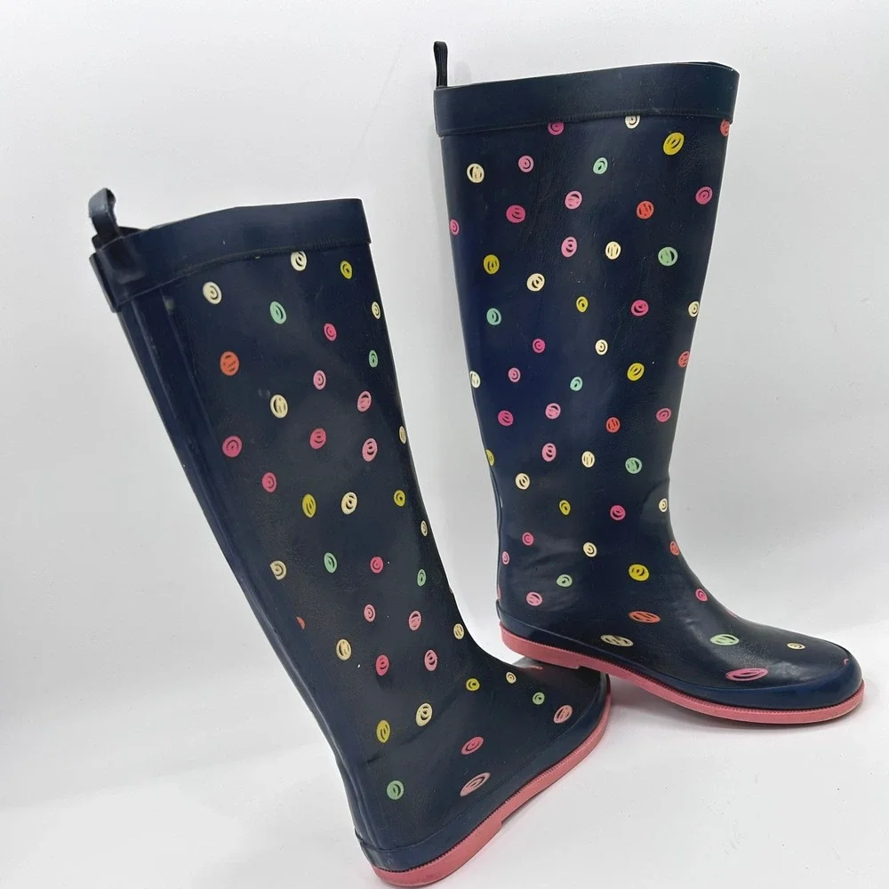 Navy Blue Smiley Face Polka Dot Rubber Rain Boots Pink Sole Kids Size 3