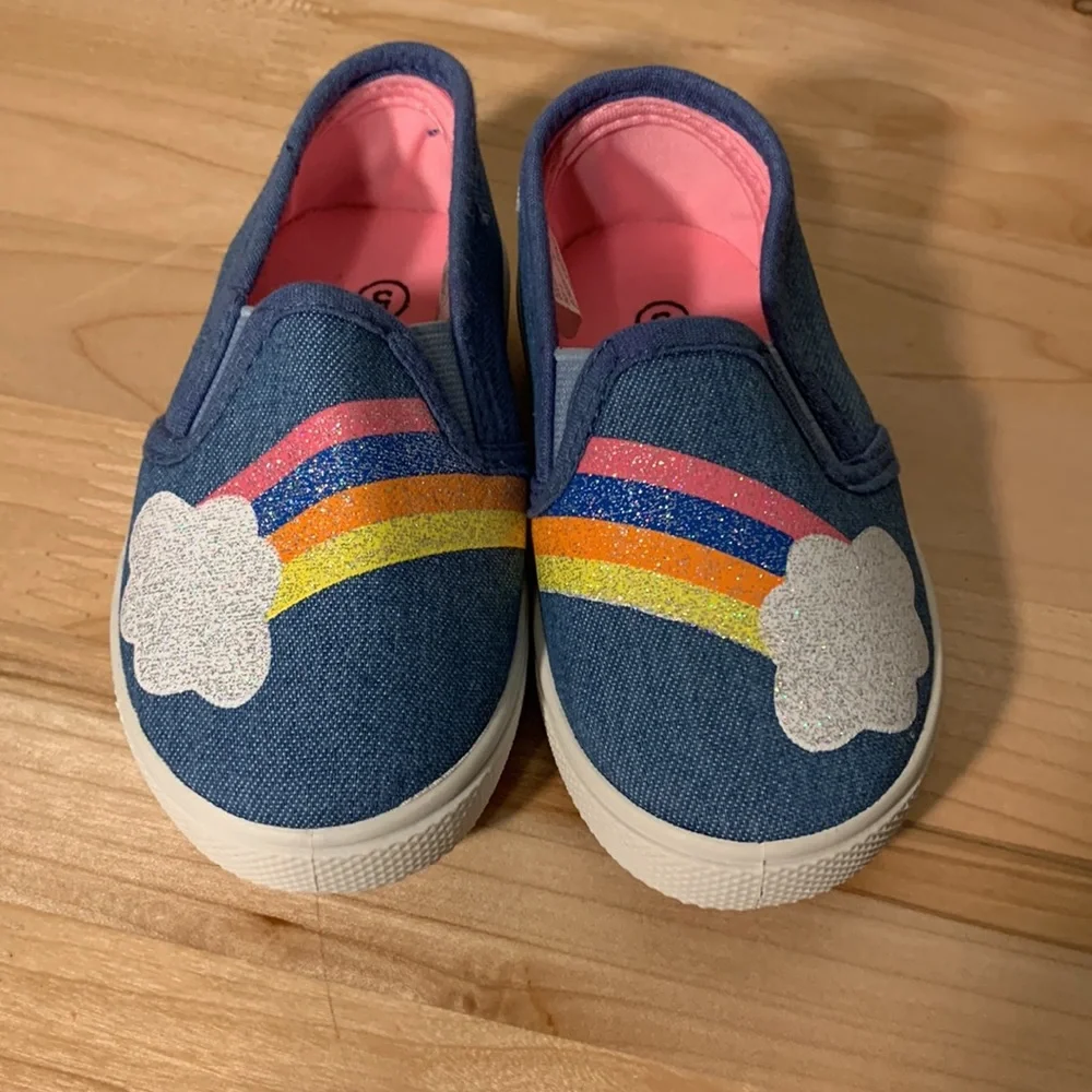 2 Pair Baby Size 5 Casual Slip On Shoe Sparkly Gold And Denim w. Sparkly Rainbow