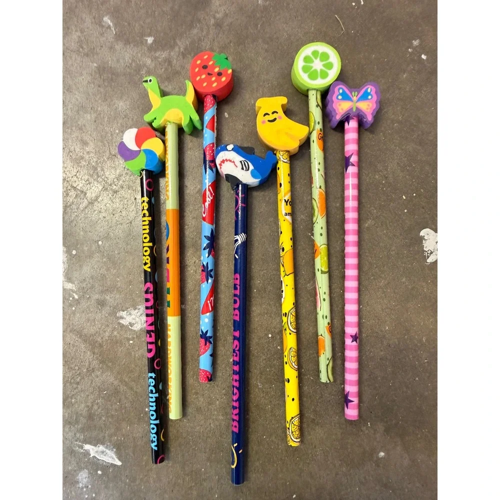 Novelty Pencils with Erasers Set of 7 Shark Dinosaur Fruit Butterfly School Fun