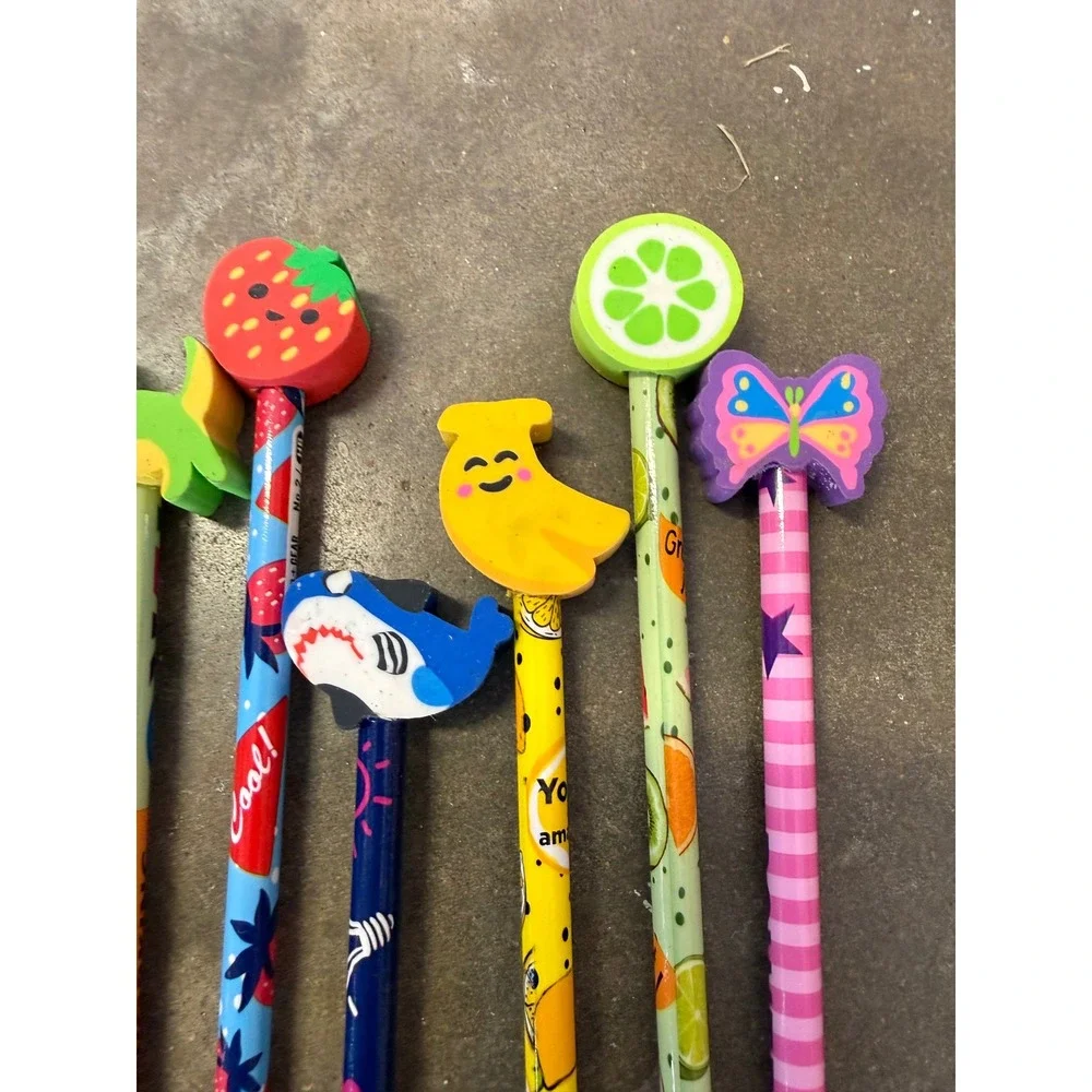 Novelty Pencils with Erasers Set of 7 Shark Dinosaur Fruit Butterfly School Fun