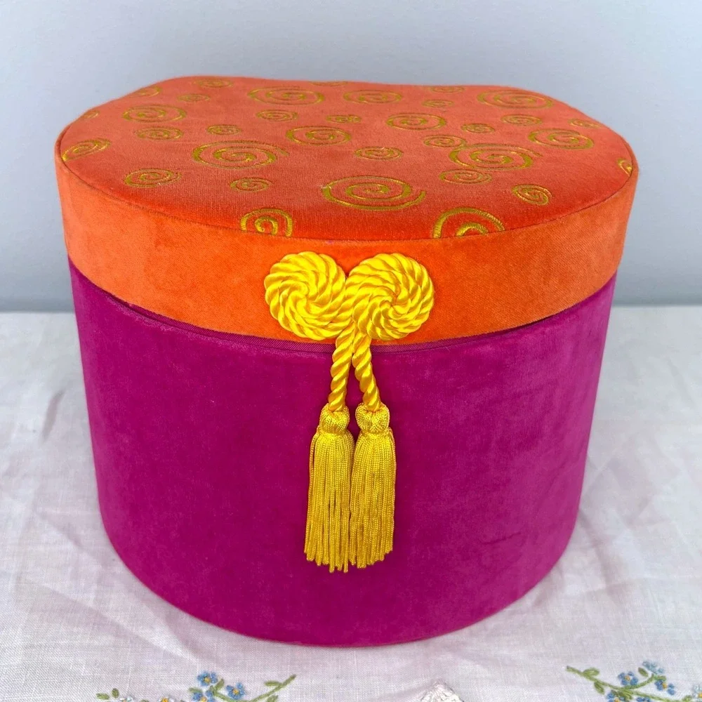 Vintage Style Velvet Nesting Hat Boxes Set of 3 Magenta Orange Tassel Swirls