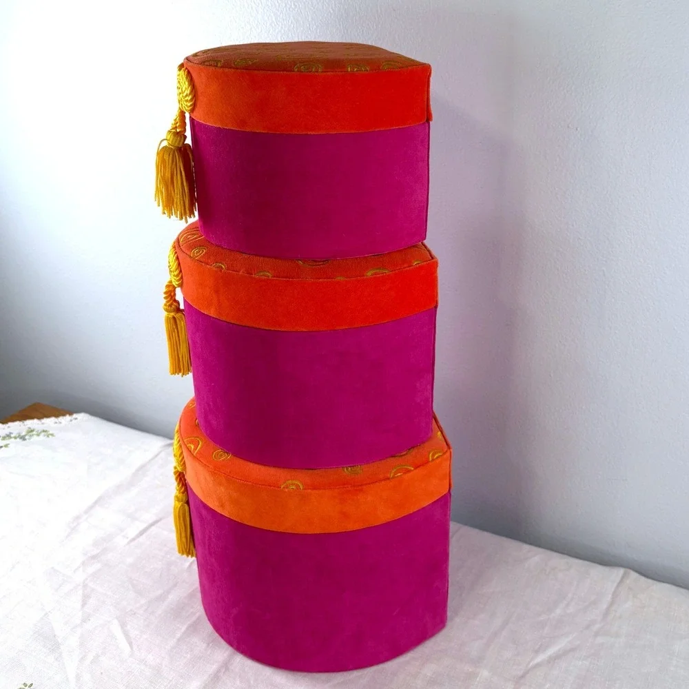 Vintage Style Velvet Nesting Hat Boxes Set of 3 Magenta Orange Tassel Swirls