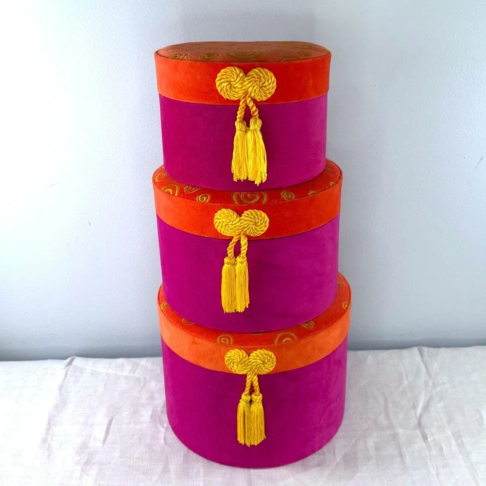 Vintage Style Velvet Nesting Hat Boxes Set of 3 Magenta Orange Tassel Swirls