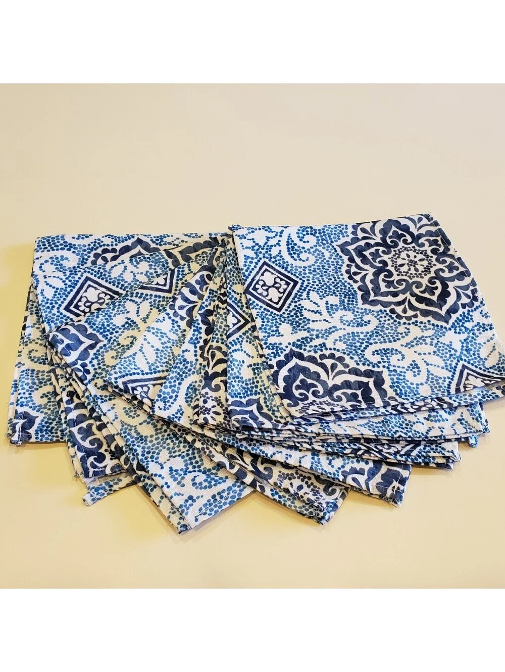Waverly Napkins Blue White Batik Style Boho Polyester 18x18 Mandala QTY 8