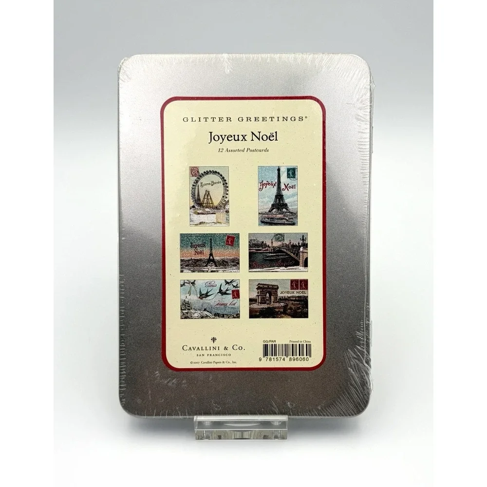 Cavallini & Co. Joyeux Noel Glitter Greetings 12 Assorted Holiday Postcards Tin