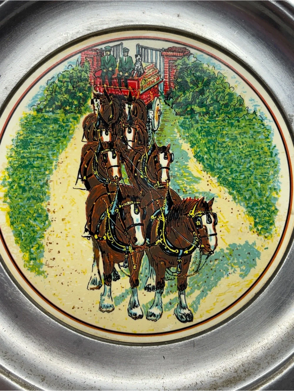 Vintage Budweiser Clydesdales 11” Metal Breweriana Advertising Plate