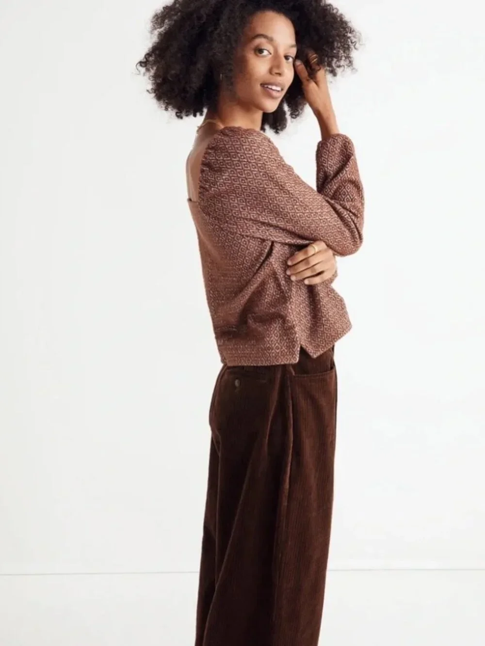 Madewell Brown Jacquard Puff-Sleeve Crop Top Size Medium - NWOT