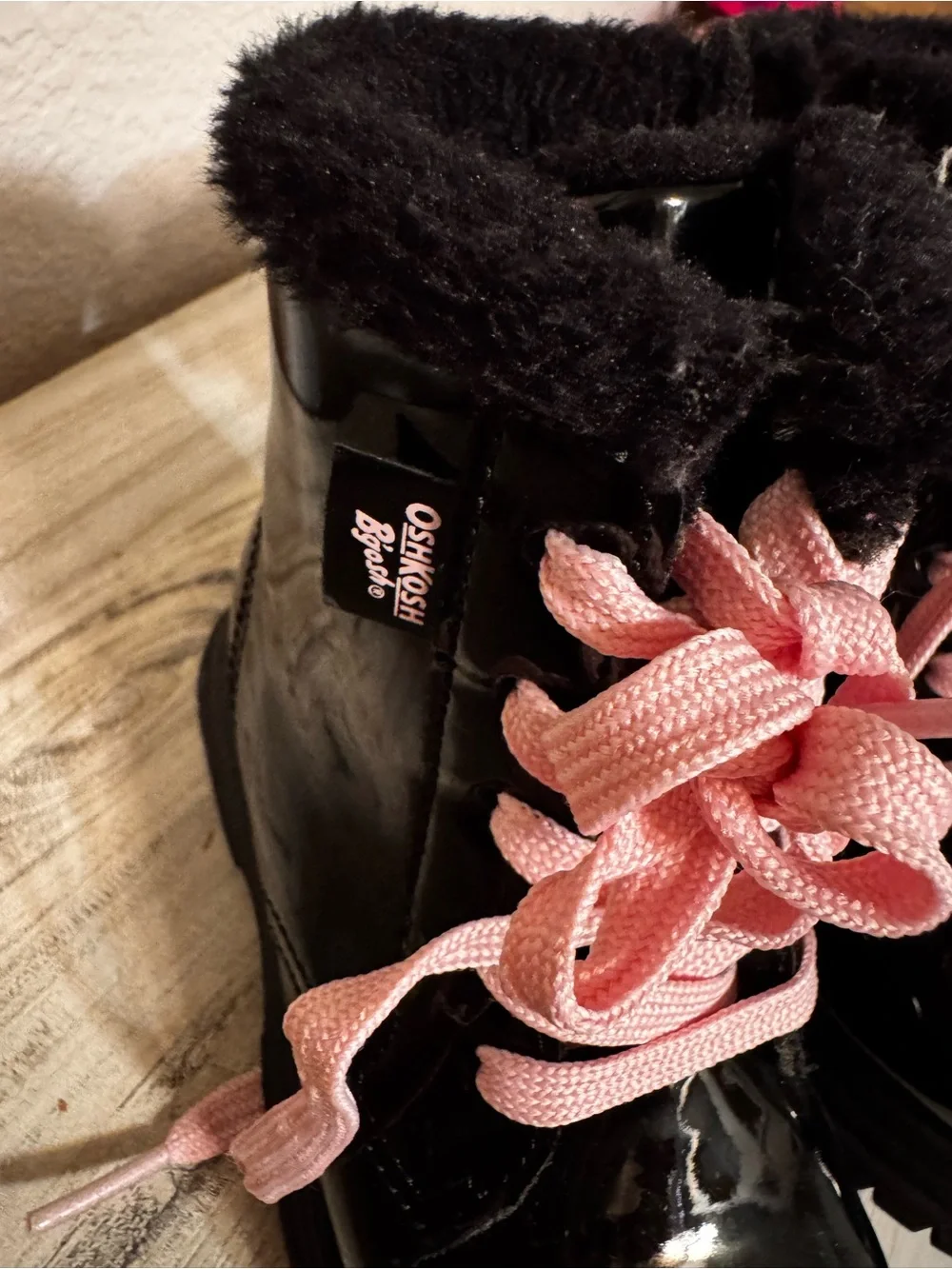 OshKosh B'gosh Black Patent Lace-Up Boots with Pink Laces