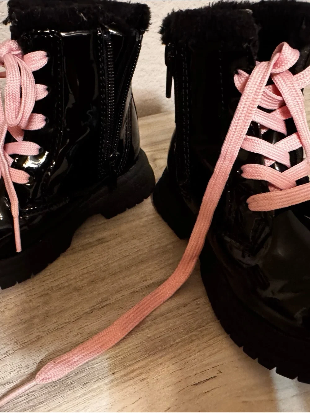 OshKosh B'gosh Black Patent Lace-Up Boots with Pink Laces