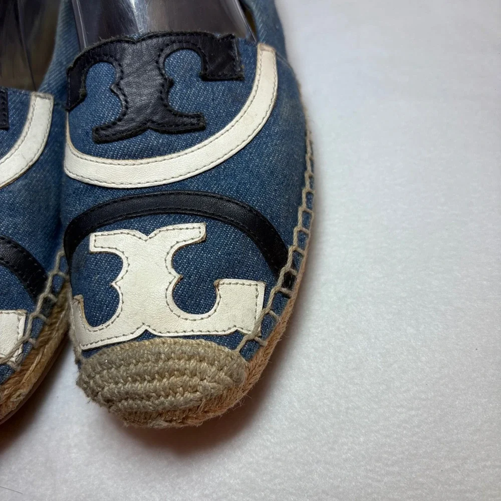 Tory Burch Denim Espadrille Flats Blue Logo Slip On Shoes 8M