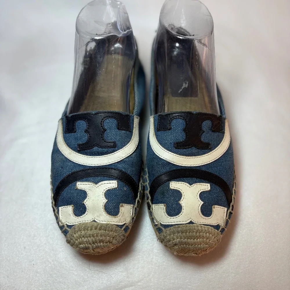 Tory Burch Denim Espadrille Flats Blue Logo Slip On Shoes 8M