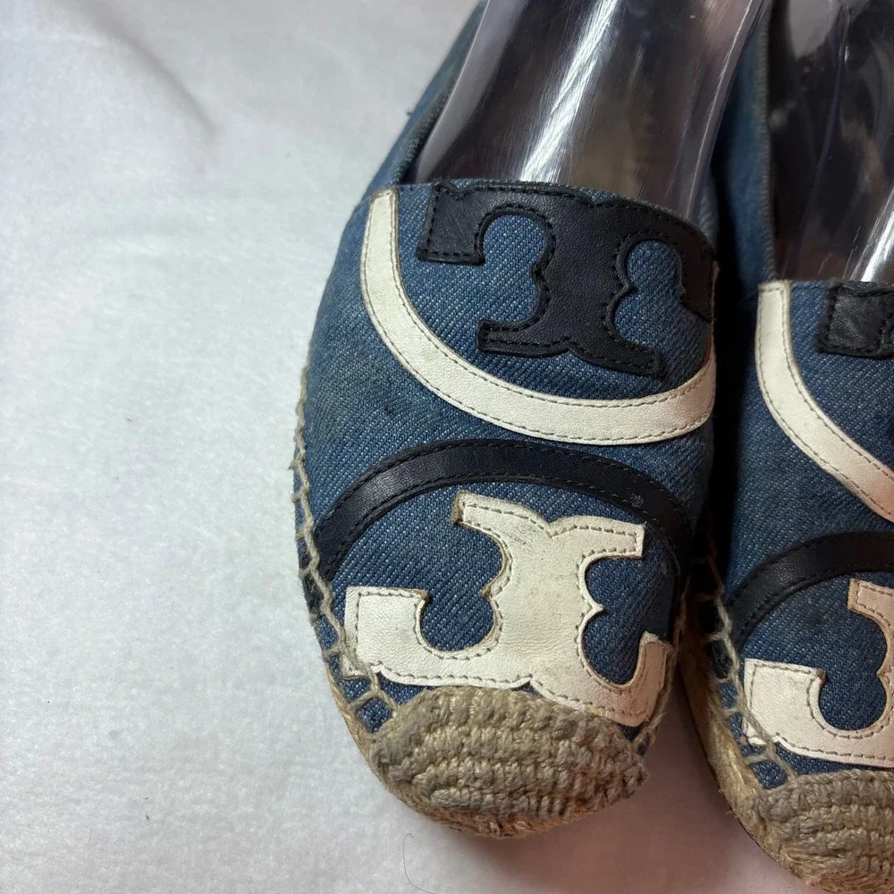 Tory Burch Denim Espadrille Flats Blue Logo Slip On Shoes 8M