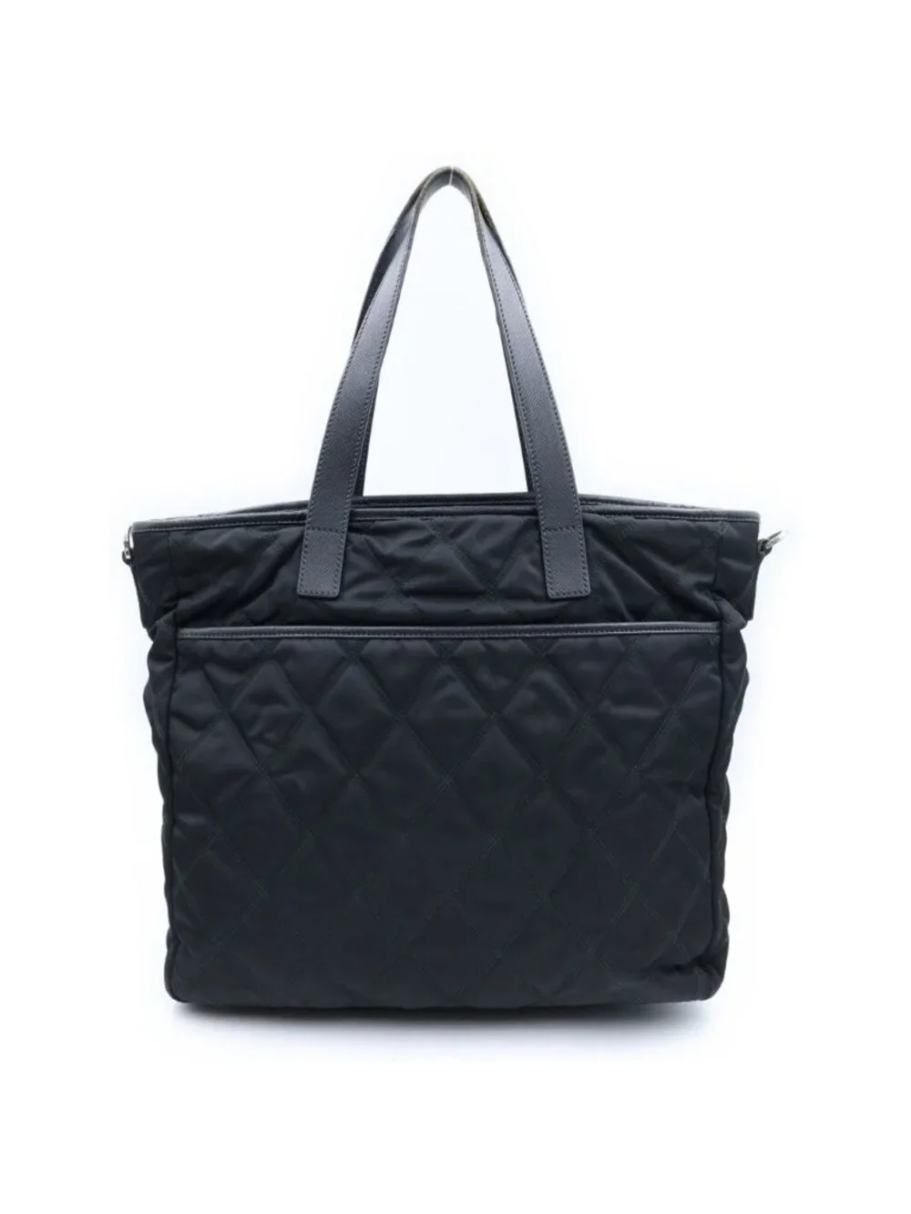 Prada Triangle Logo Quilted Tote Bag Leather Nylon Silver