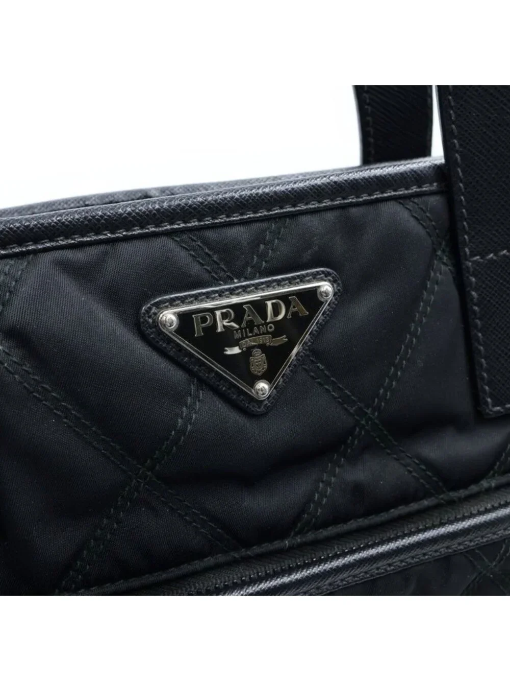 Prada Triangle Logo Quilted Tote Bag Leather Nylon Silver