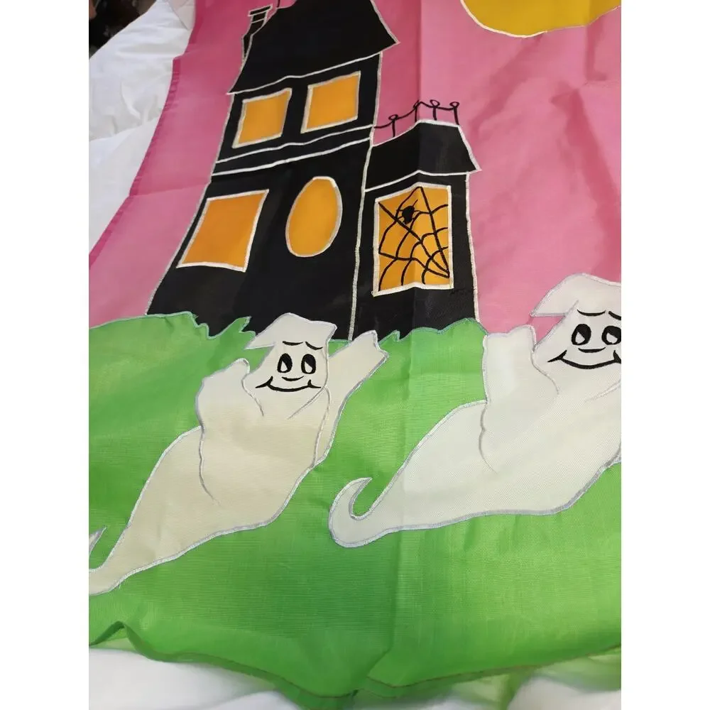 Vtg Halloween Garden Yard Flag Ghosts Night Moon Phantom Spirit Y2k 90's Banner
