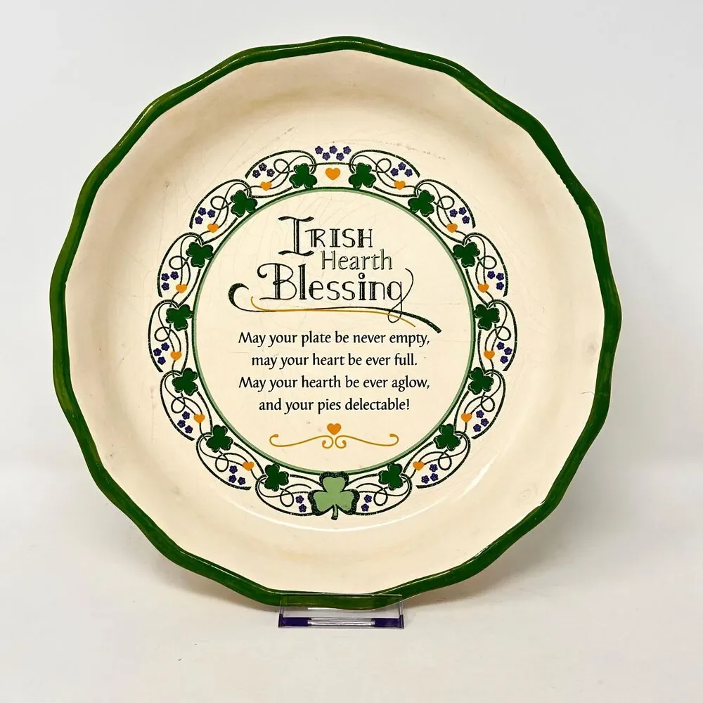 Vtg Ceramic Irish Hearth Blessing Pie Plate Fluted Green Shamrock Baking Dish