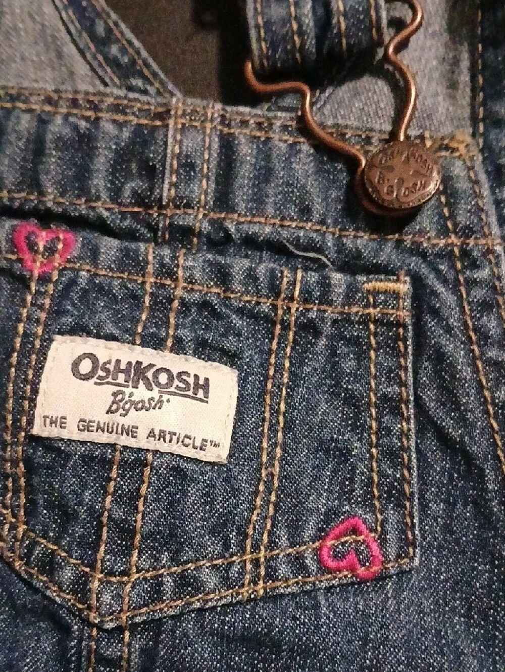 Oshkosh B'gosh Blue Jean Overalls with Pink Embroidered Hearts Girl's 12 Mo