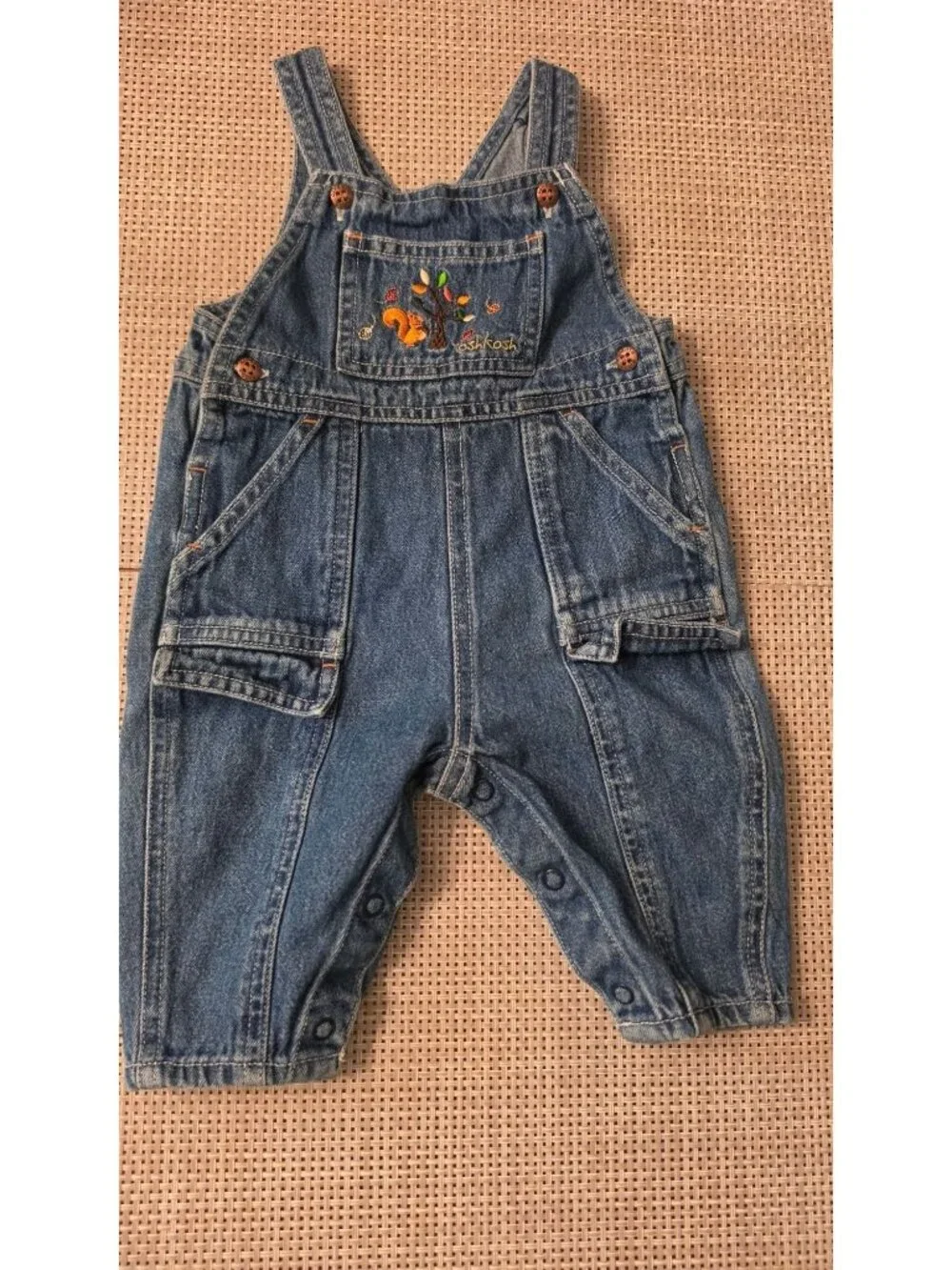 VINTAGE BABY OSH KOSH DENIM OVERALLS SQUIRREL TREE  3-6 MOS 12 16 LBS OSHKOSH