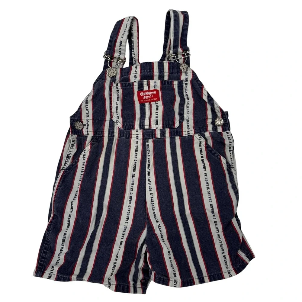 Vintage 90s OshKosh B'gosh Overall Shortall 4T Striped Nautical Ocean Boat Theme
