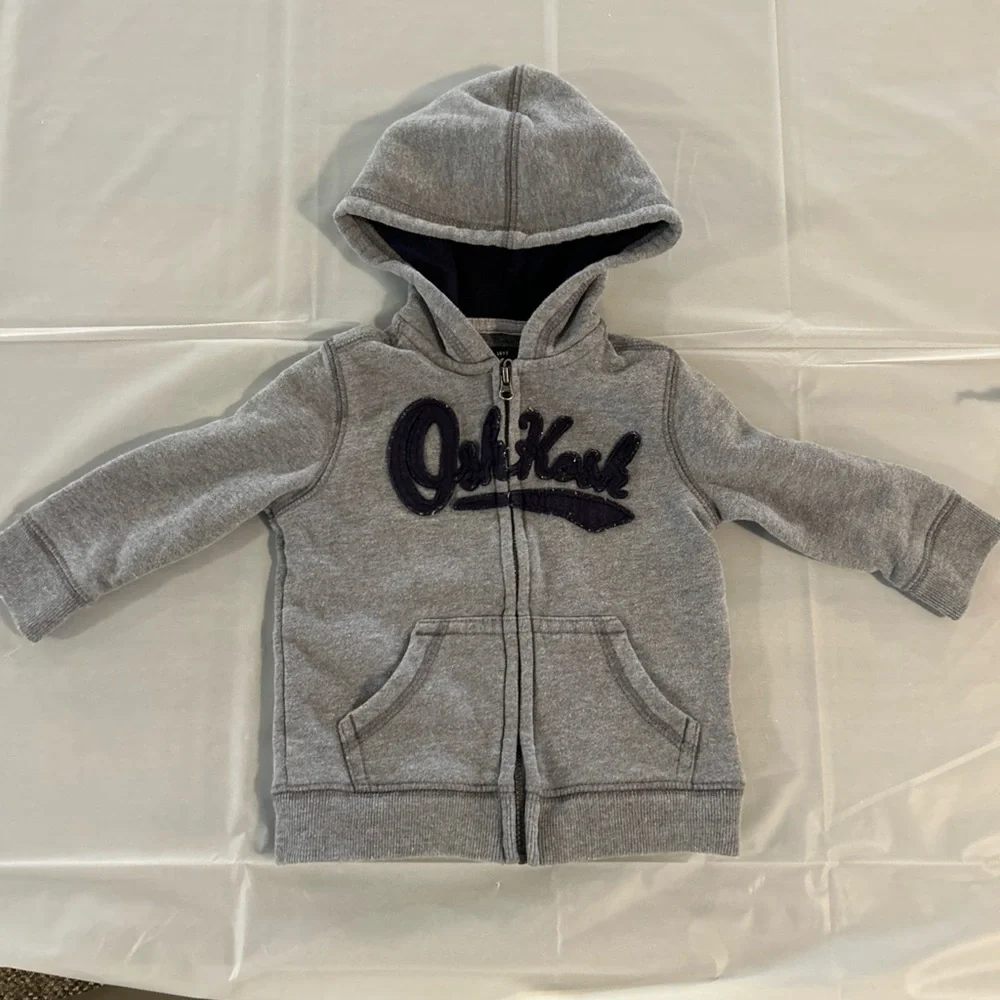 Osh Kosh Full Zip Hoodie Baby Boy 9 month Gray Embroidered Logo SpellOut Pockets