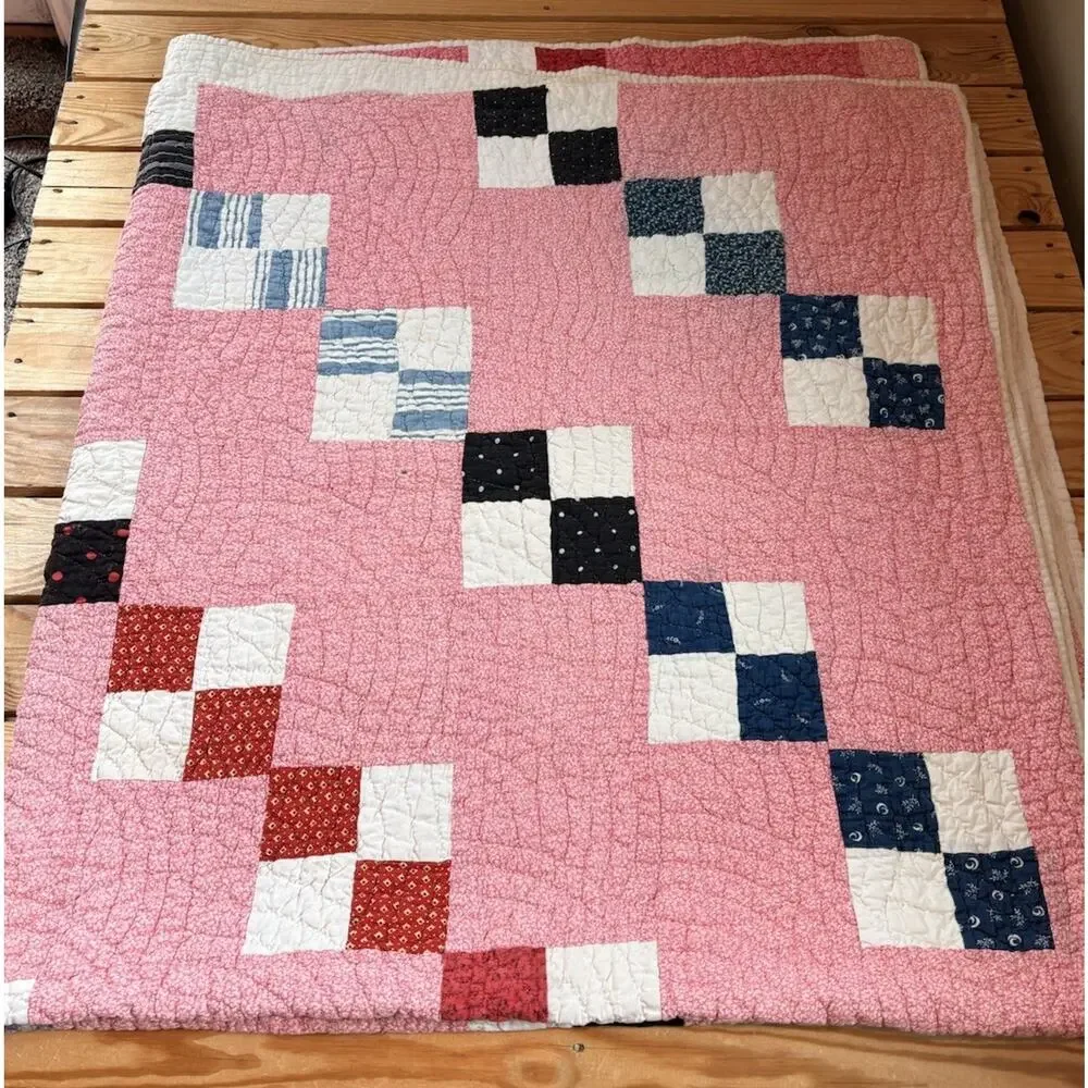 Vintage Handmade Patchwork Quilt Size 76x42 Pink M3