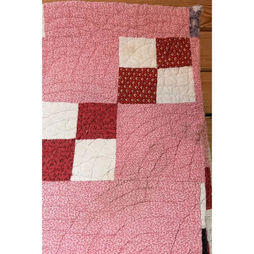 Vintage Handmade Patchwork Quilt Size 76x42 Pink M3