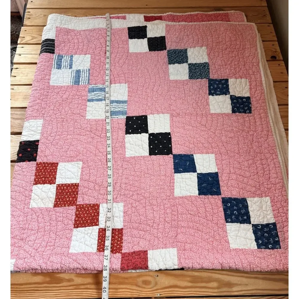 Vintage Handmade Patchwork Quilt Size 76x42 Pink M3