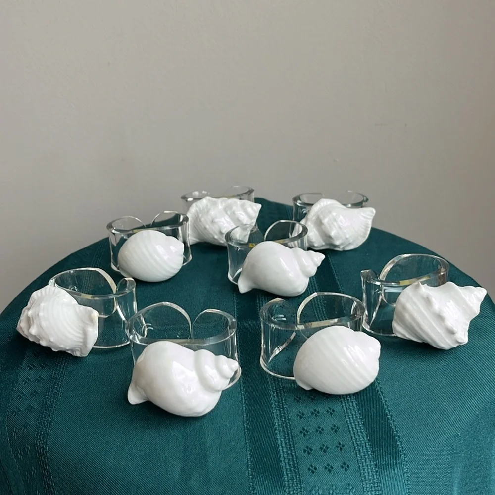 Vintage Shell Napkin Rings Seashells Acrylic Lucite Bone‎ China Conch Set 8