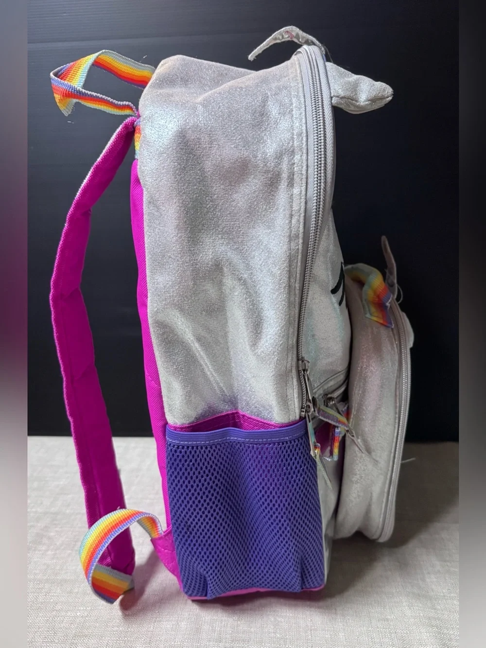 Silver Unicorn Sequin Kids Backpack with Rainbow Accents