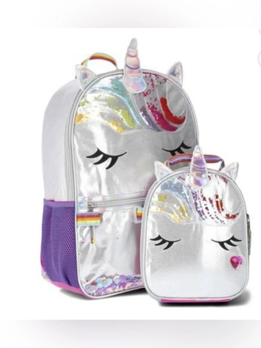 Silver Unicorn Sequin Kids Backpack with Rainbow Accents