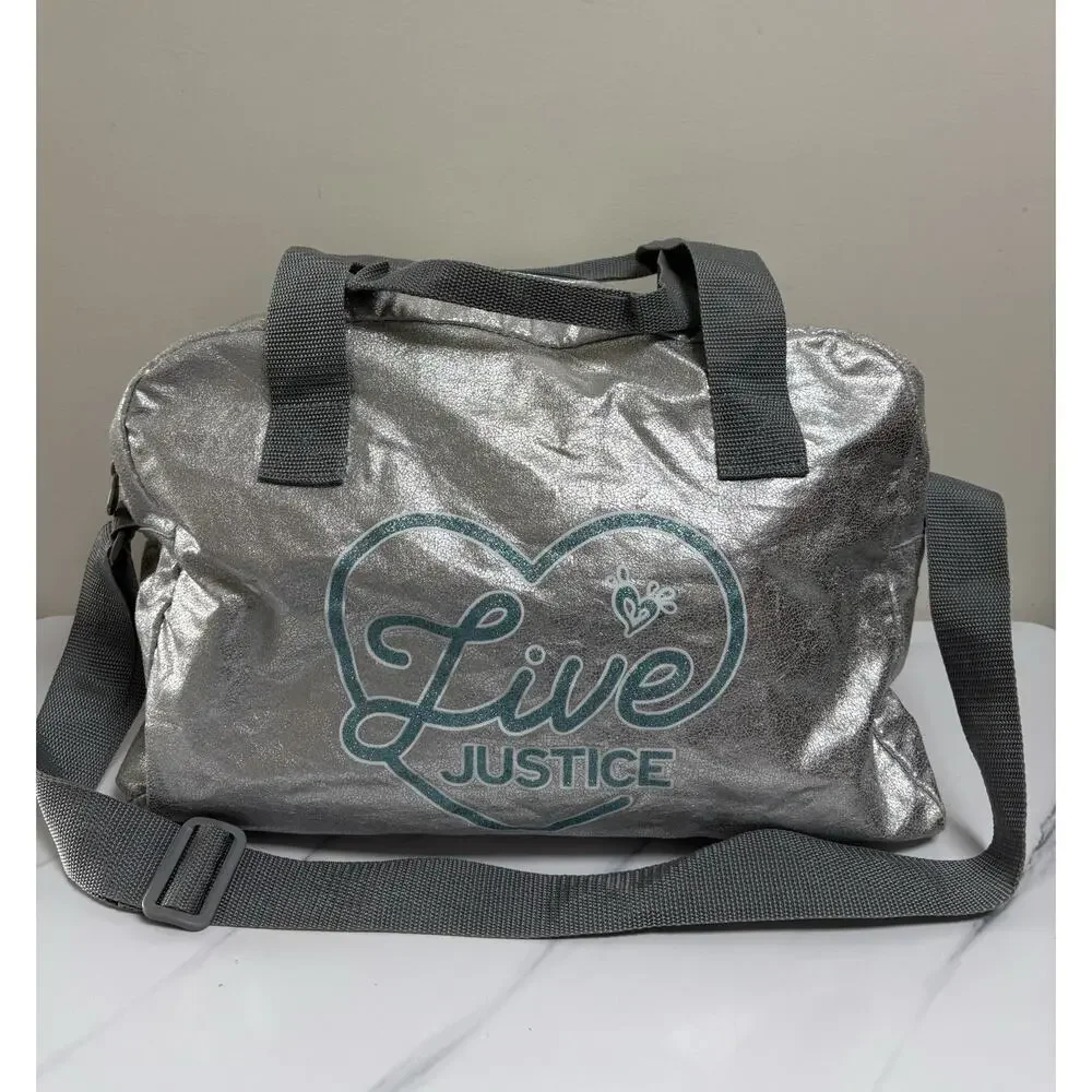 Justice Silver Metallic Duffel Bag Live Justice Heart Logo‎ Tween Gym Dance