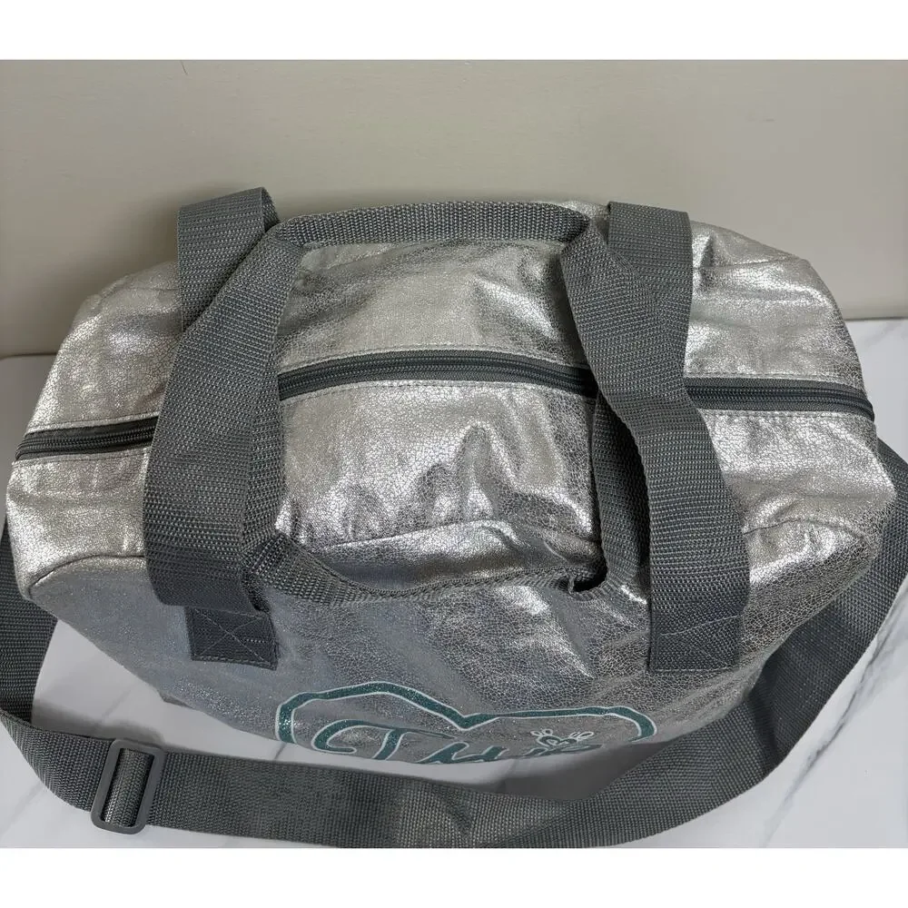 Justice Silver Metallic Duffel Bag Live Justice Heart Logo‎ Tween Gym Dance