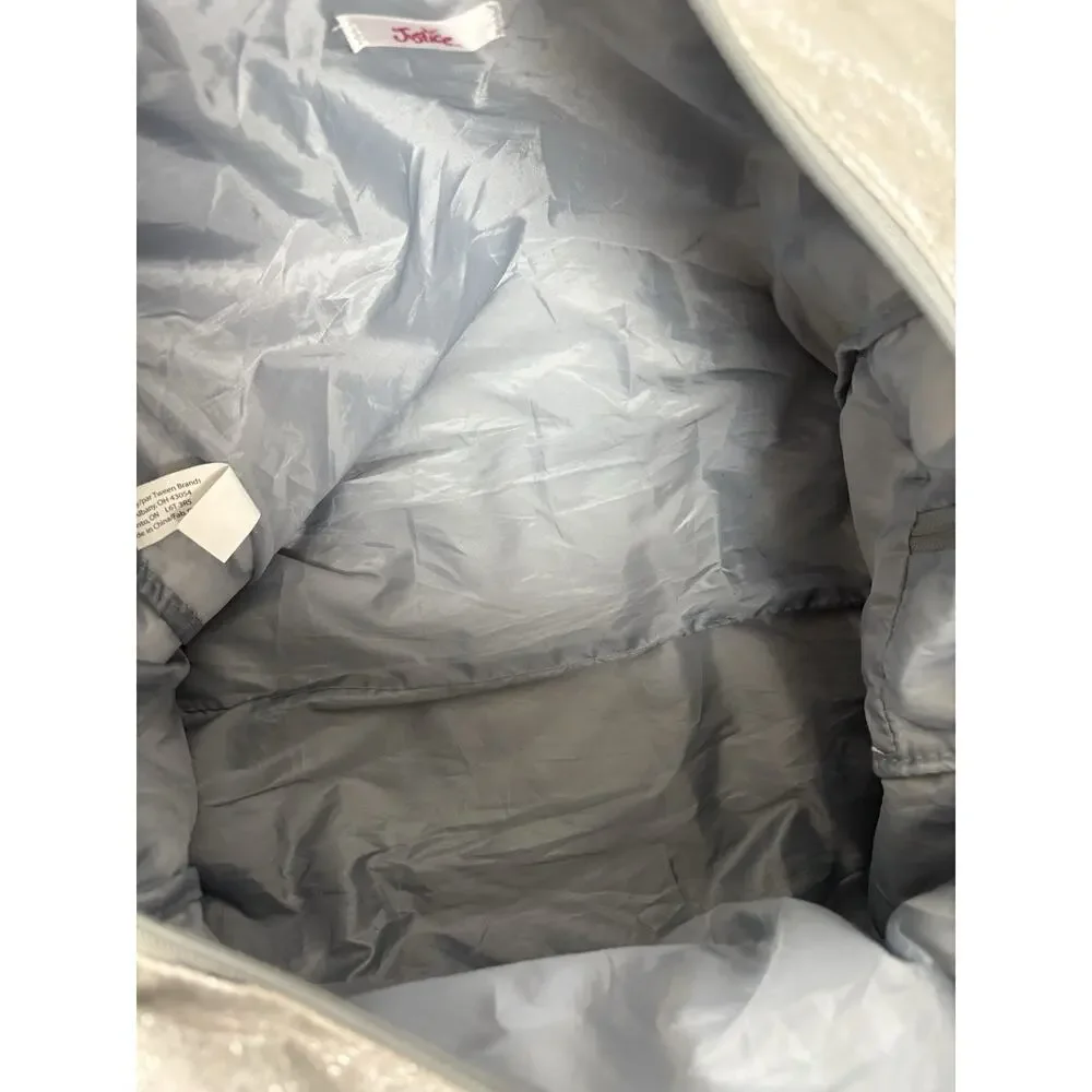 Justice Silver Metallic Duffel Bag Live Justice Heart Logo‎ Tween Gym Dance