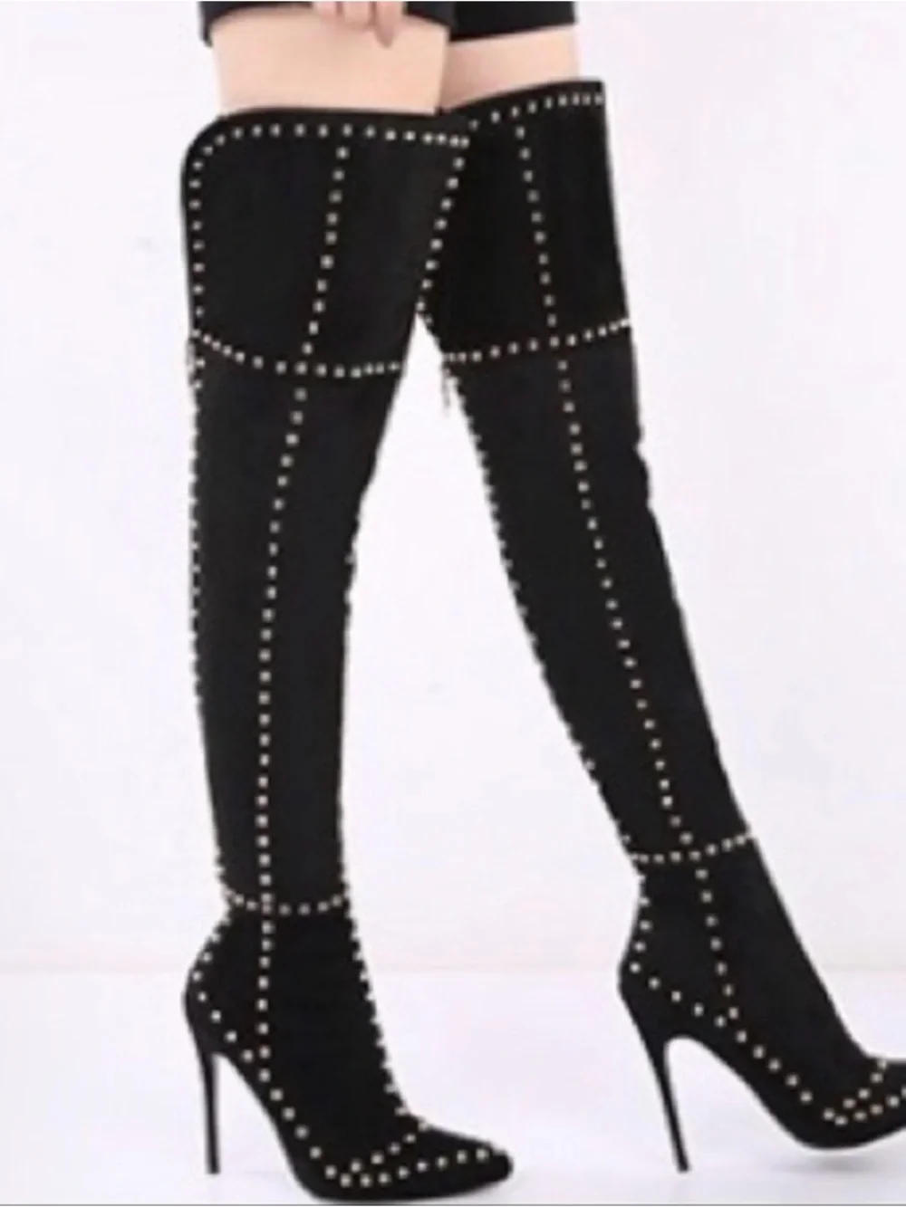 Black Studded Over-the-Knee Stiletto Boots - Women's