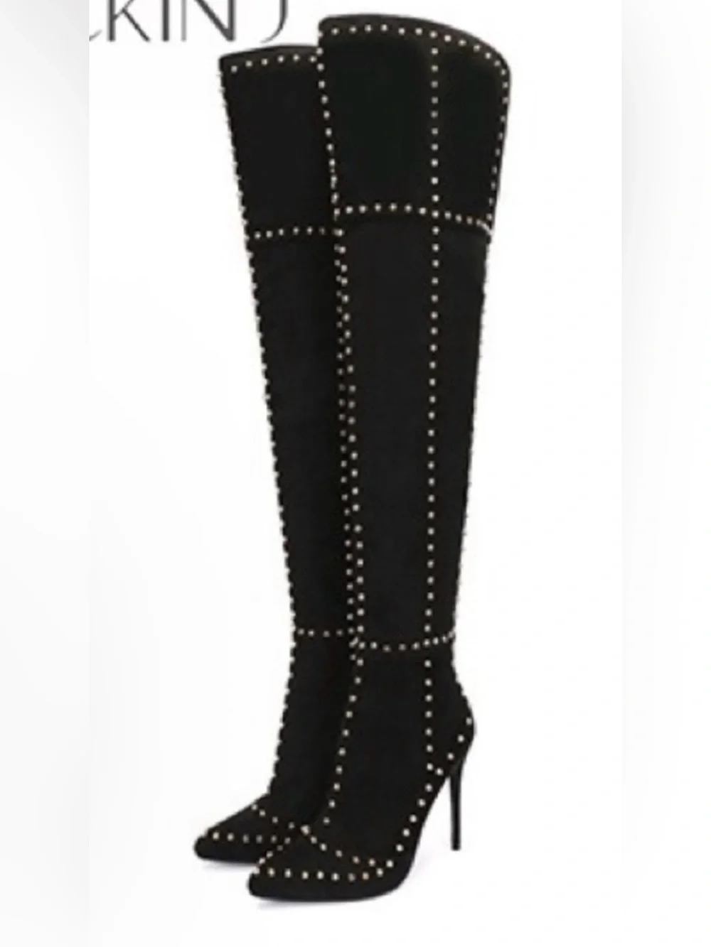 Black Studded Over-the-Knee Stiletto Boots - Women's