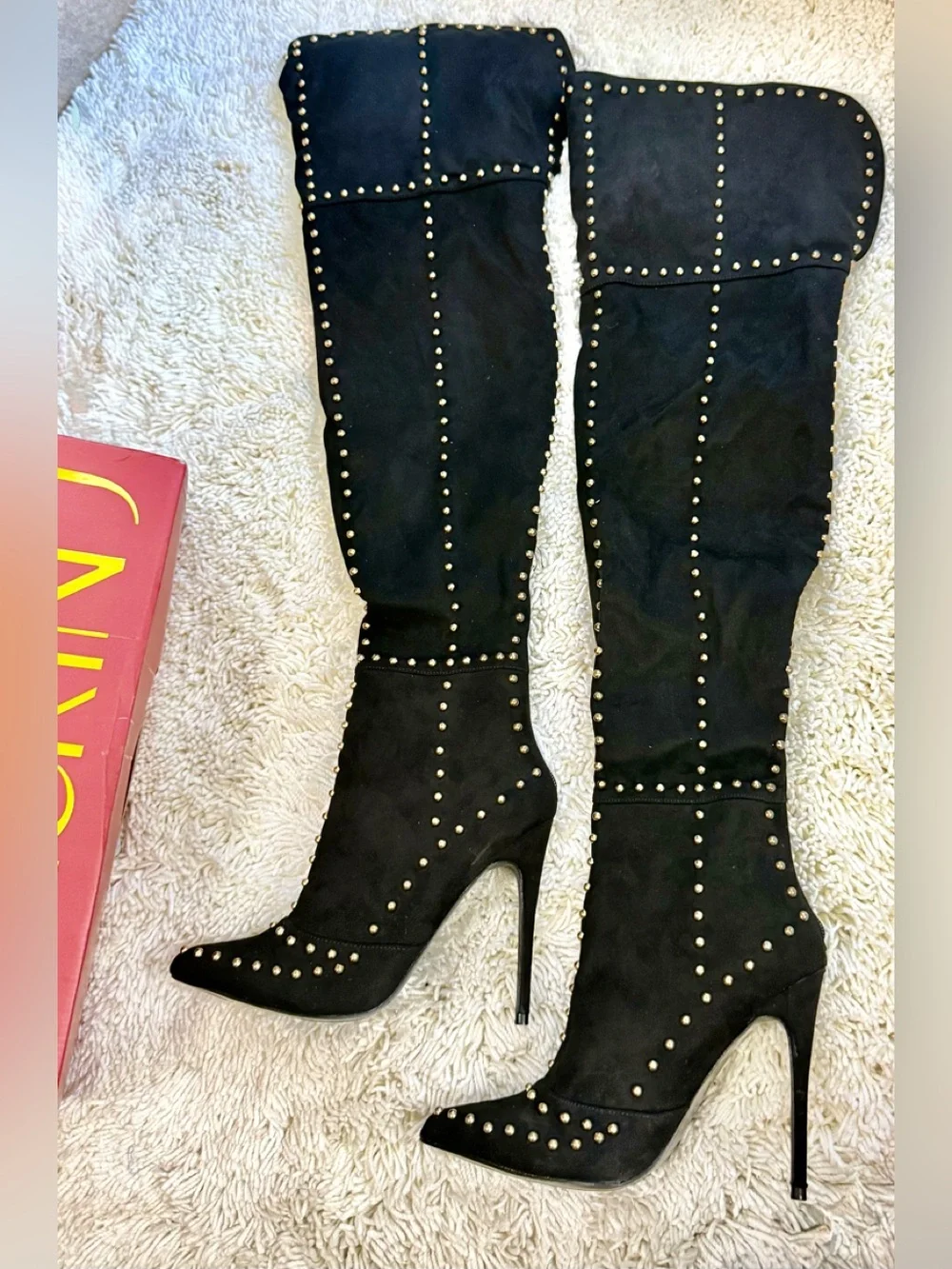 Black Studded Over-the-Knee Stiletto Boots - Women's