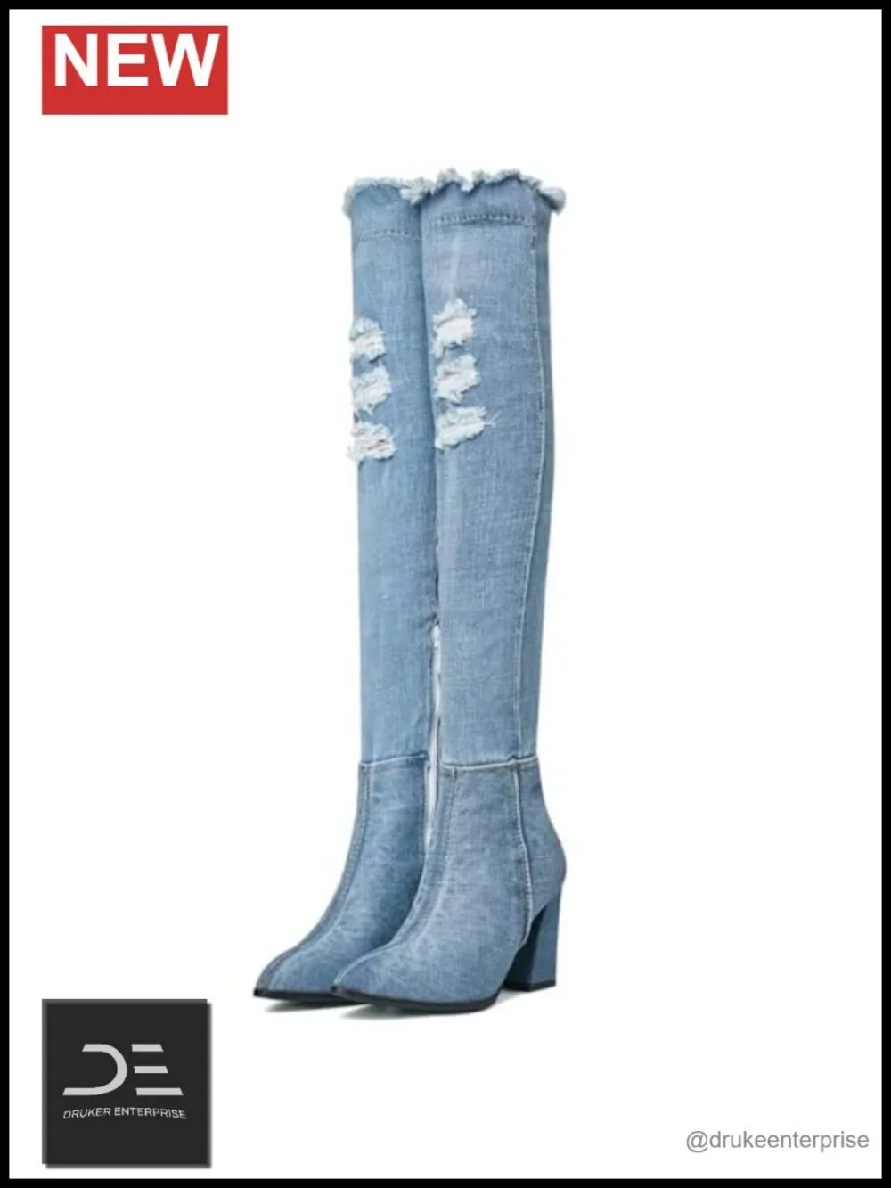 Women's Denim Over the Knee Boots, 8.5cm Block Heel, Cutout Pointed Toe, Side