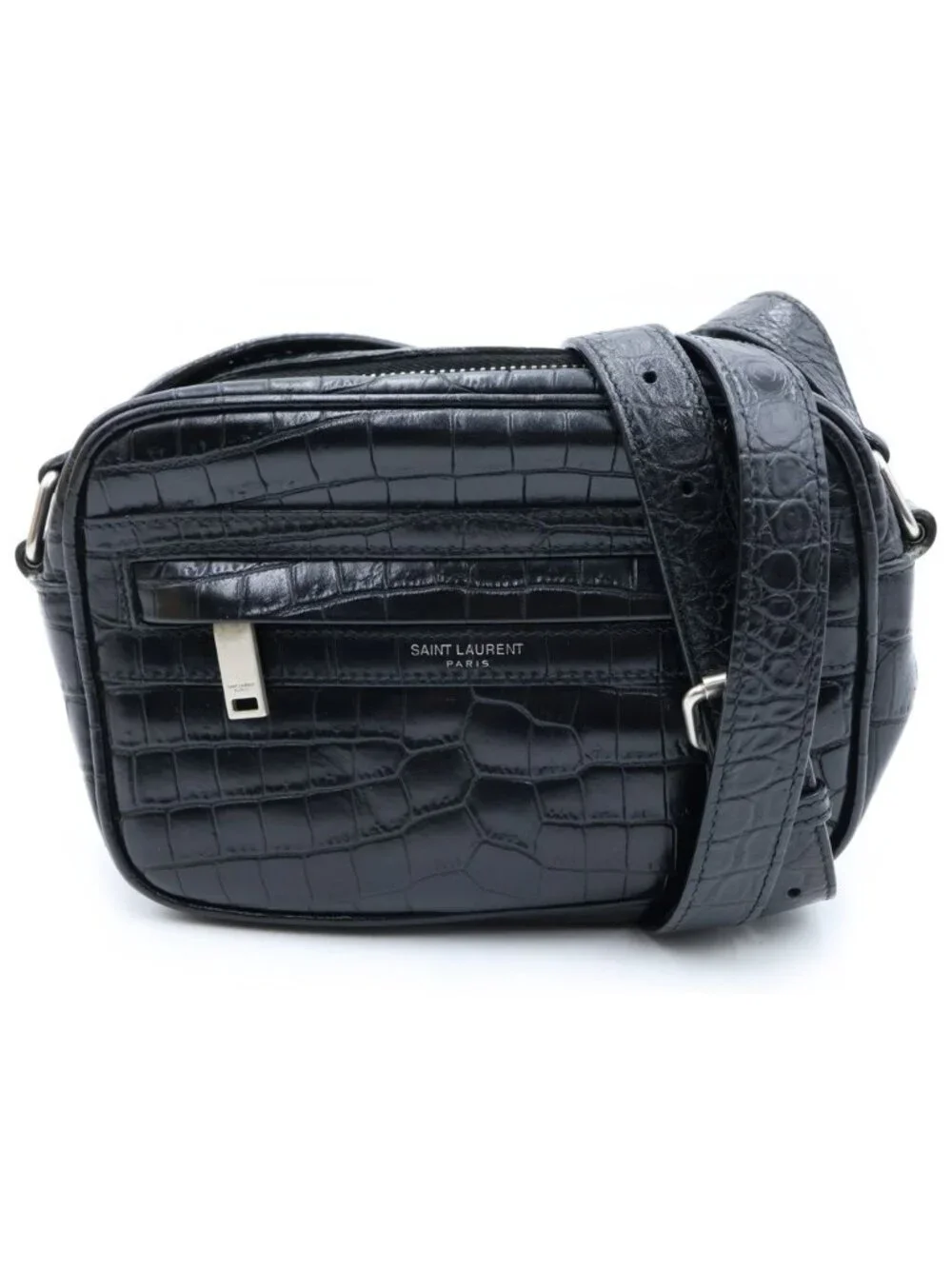 Saint Laurent Paris Camp Small Camera Shoulder Bag Leather Croco Embossed Black