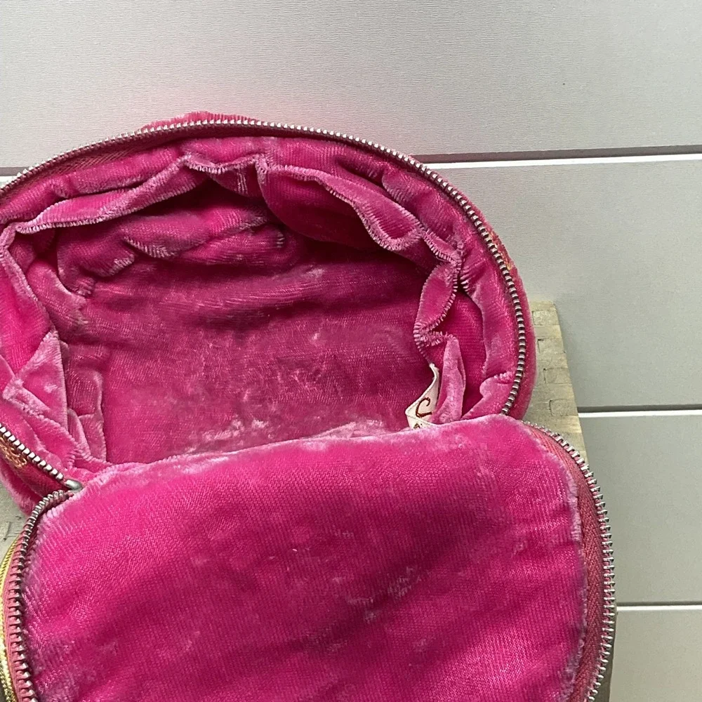 Vintage Ann Seton Hot Pink Velvet Gold Embroidered Travel Jewelry Case Organizer