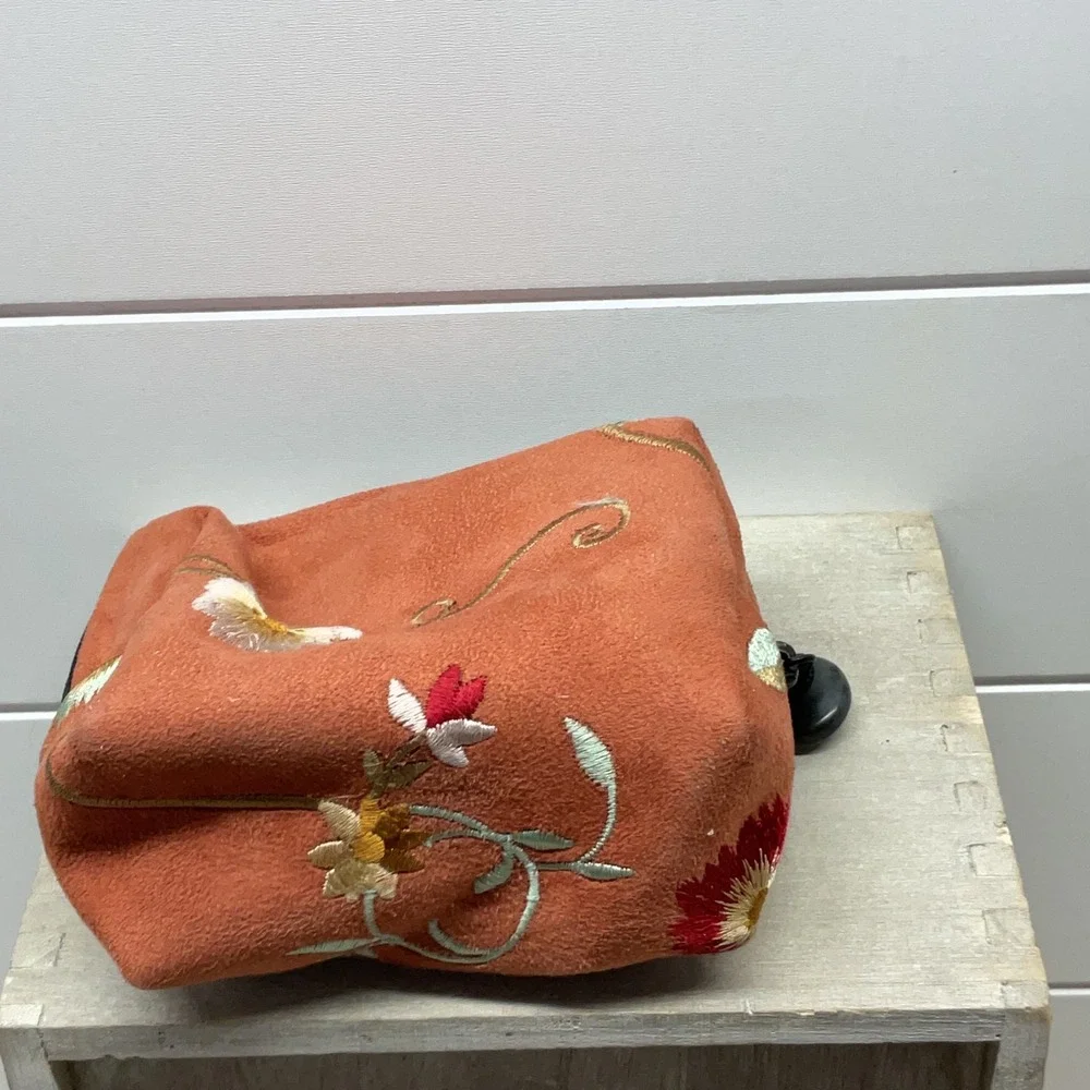 Sally Spicer San Francisco Burnt Orange Floral Embroidered Faux Suede Pouch Bag