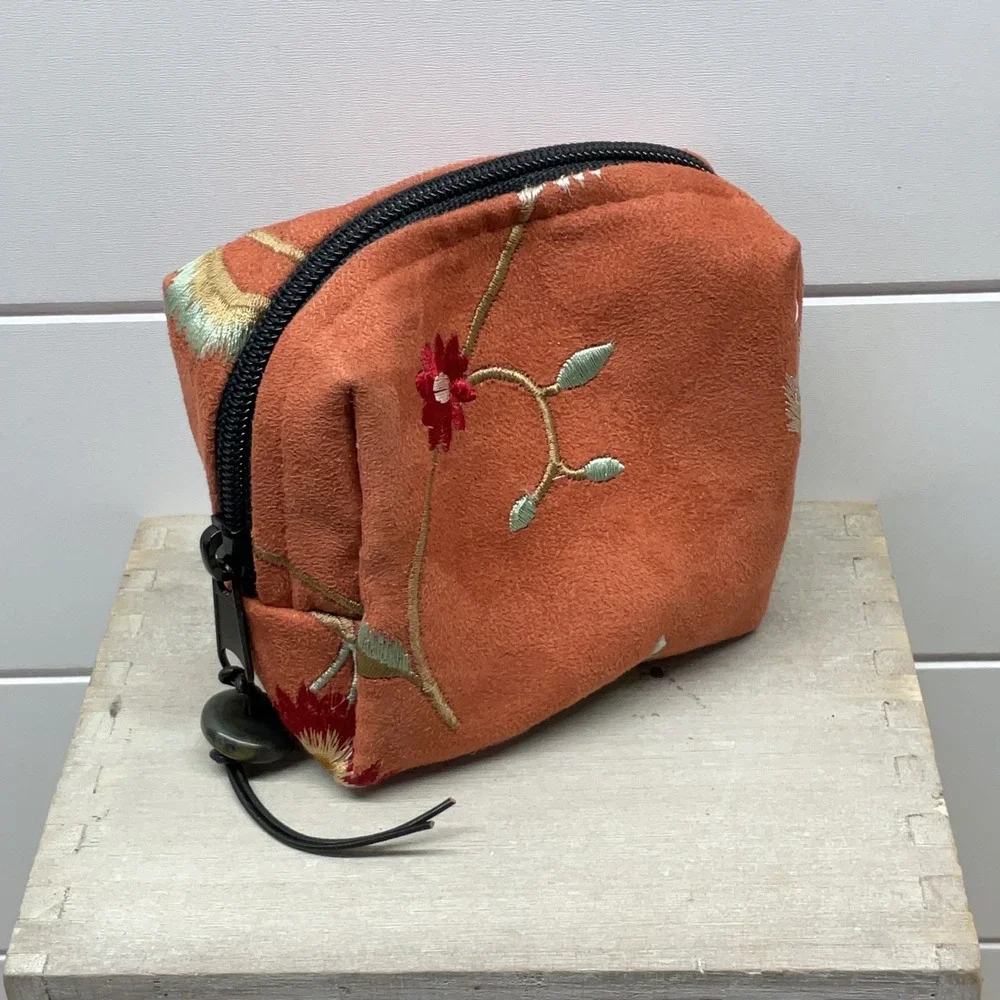 Sally Spicer San Francisco Burnt Orange Floral Embroidered Faux Suede Pouch Bag