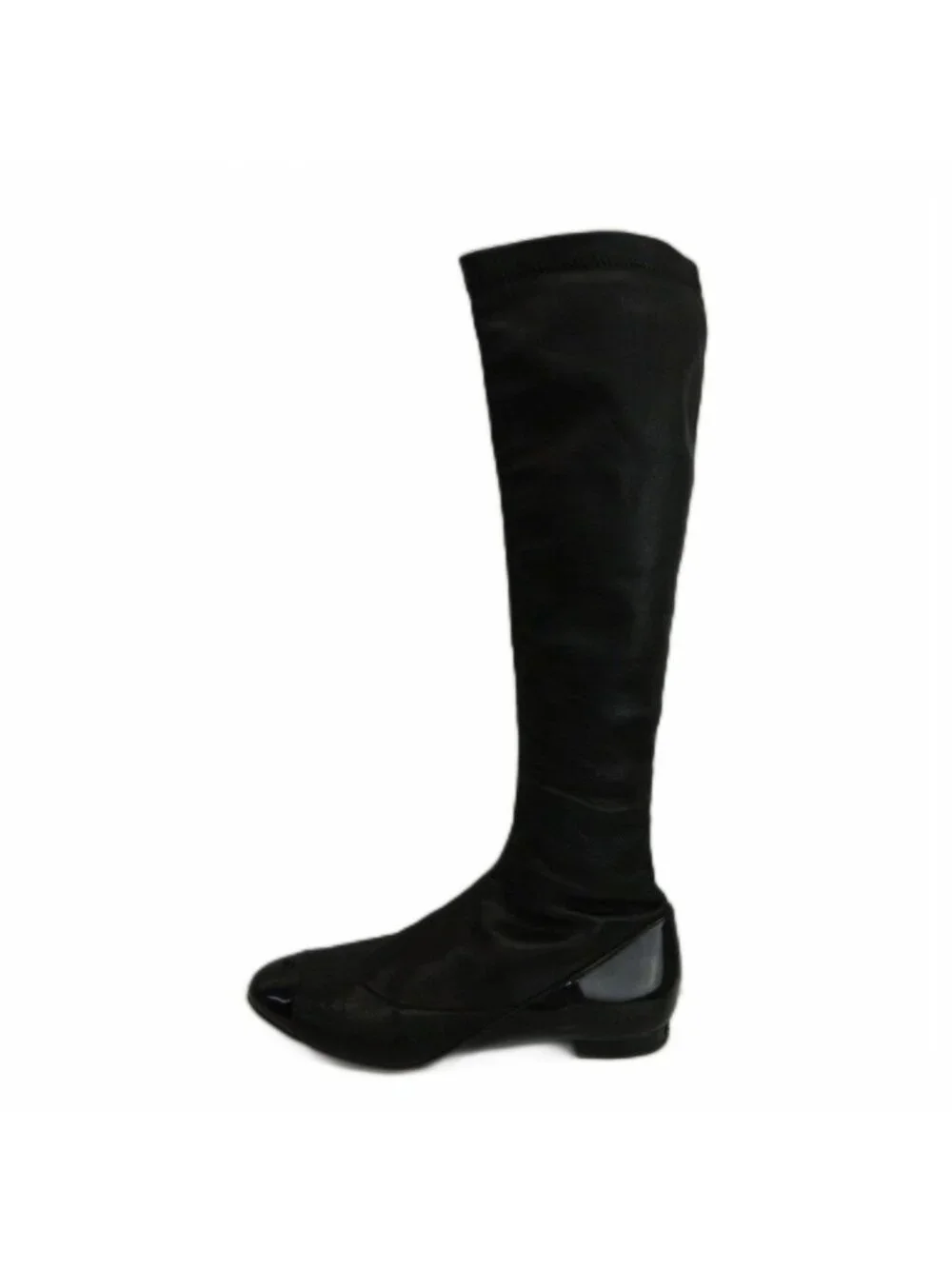 Chanel Long Boots Leather Patent Paneled Round Toe Flat CC Logo